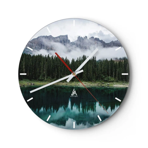 Wanduhr - Glasuhr - Neblige Berge und Wälder spiegeln sich in einem ruhigen Bergsee - 30x30cm - Leise, leise, lass uns das Trinkwasser nicht wecken ... - Moderne Wanddekoration für Wohnzimmer, Küche und Schlafzimmer ARTTOR