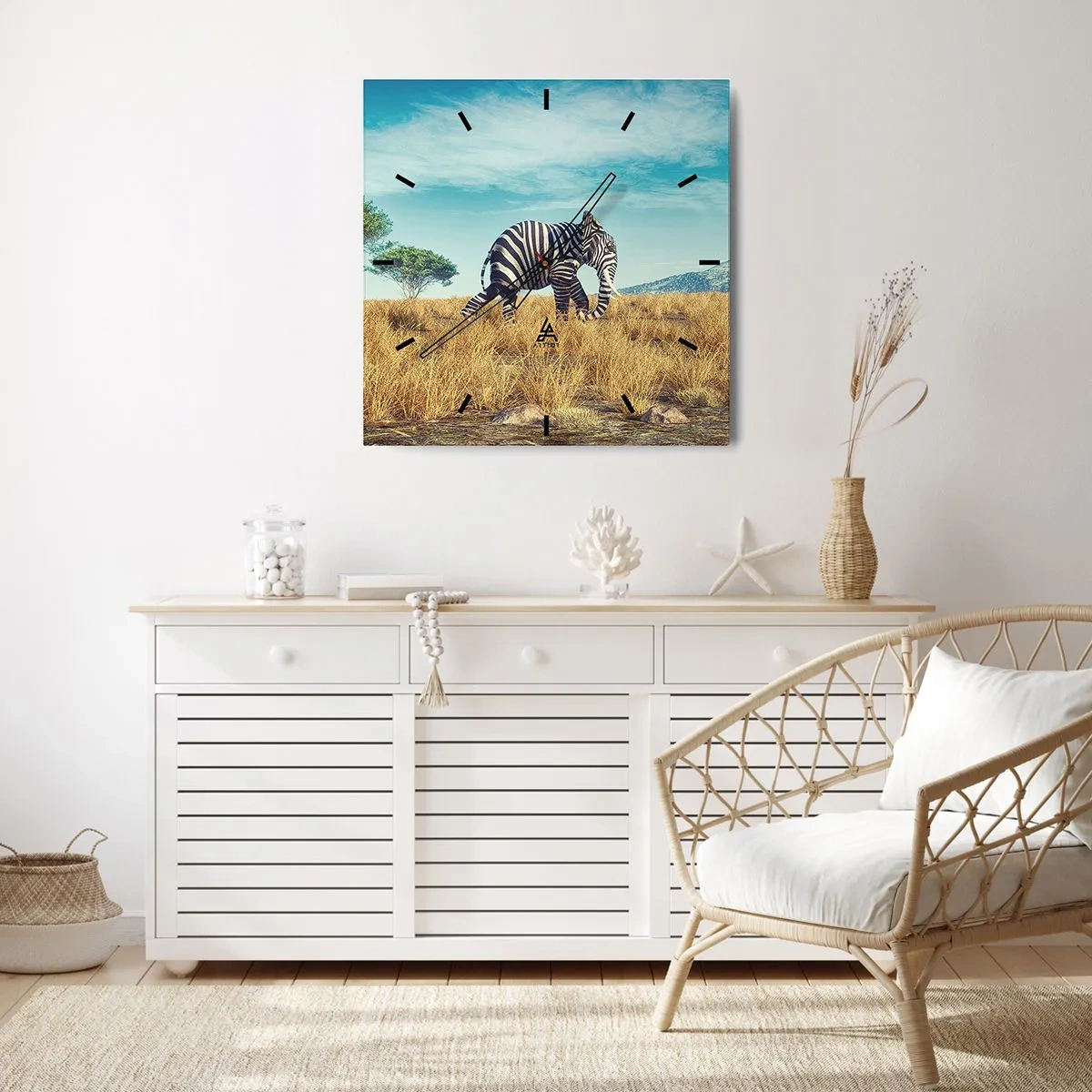 Wanduhr - Glasuhr - Zebra in einer afrikanischen Landschaft - 30x30cm - Grau ist nicht mehr in Mode - Moderne Wanddekoration für Wohnzimmer und Schlafzimmer ARTTOR