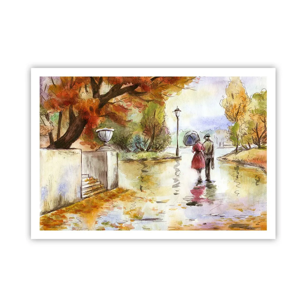 Poster - Ein Spaziergang im Herbstpark mit einem Regenschirm - 100x70cm - Romantischer Herbst im Park - Moderne Wanddekoration für Wohnzimmer und Schlafzimmer ARTTOR