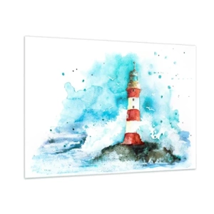 Glasbild - Bild auf glas - Ein Leuchtturm, umgeben von Meereswellen im Aquarellstil - 100x70cm - Einheit der Elemente - Moderne Wanddekoration für Wohnzimmer und Schlafzimmer ARTTOR
