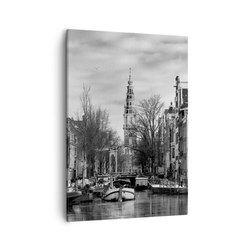Bild auf Leinwand - Leinwandbild - Schwarz-Weiß-Panorama von Amsterdam mit Kanal und historischen Gebäuden - 50x70cm - Amsterdamer Atmosphäre - Moderne Wanddekoration für Wohnzimmer und Schlafzimmer ARTTOR