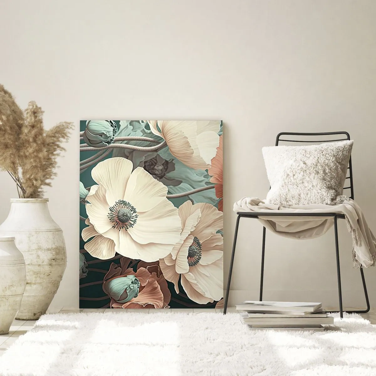 Glasbild - Bild auf glas - Elegante Blumen in Pastelltönen auf grünem Hintergrund - 80x120cm - Flüstern von Mohnblumen - Moderne Wanddekoration für Wohnzimmer und Schlafzimmer ARTTOR