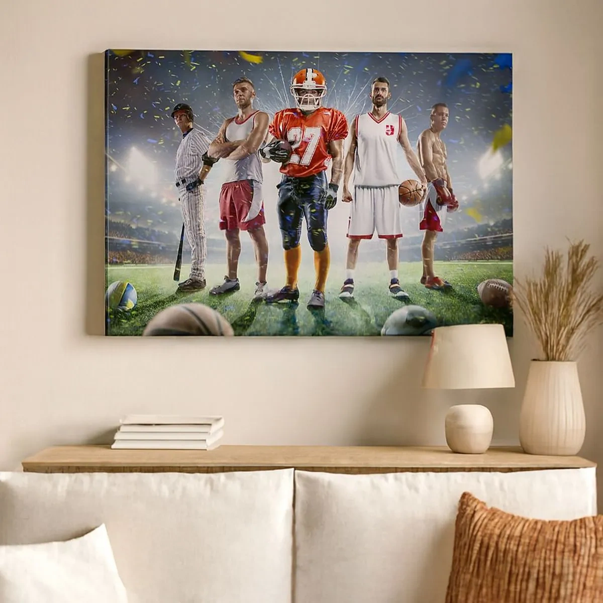Bild auf Leinwand - Leinwandbild - Eine dynamische Szene von Athleten verschiedener Disziplinen im Stadion unter dem Scheinwerferlicht - 70x50cm - Feldgladiatoren - Moderne Wanddekoration für Wohnzimmer und Schlafzimmer ARTTOR