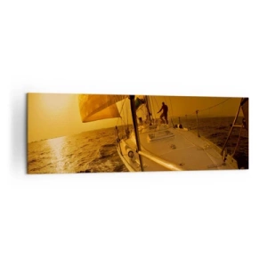 Bild auf Leinwand - Leinwandbild - Segelboot auf See bei Sonnenuntergang, goldener Schein. - 160x50cm - Ein goldener Abend nach einem bunten Tag - Moderne Wanddekoration für Wohnzimmer und Schlafzimmer ARTTOR