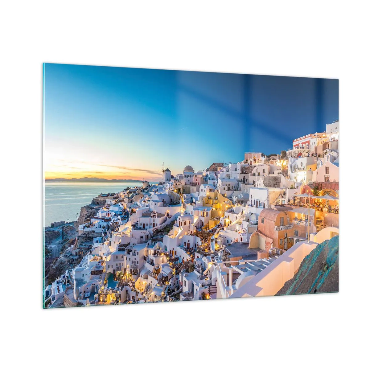 Glasbild - Bild auf glas - Panorama von Santorin bei Sonnenuntergang - 100x70cm - Die Essenz des Griechischen - Moderne Wanddekoration für Wohnzimmer und Schlafzimmer ARTTOR