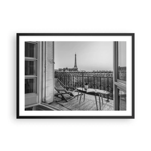 Poster in einem schwarzem Rahmen - Blick auf den Eiffelturm vom Balkon mit Liegestühlen und Tisch - 70x50cm - Pariser Nachmittag - Moderne Wanddekoration für Wohnzimmer und Schlafzimmer ARTTOR