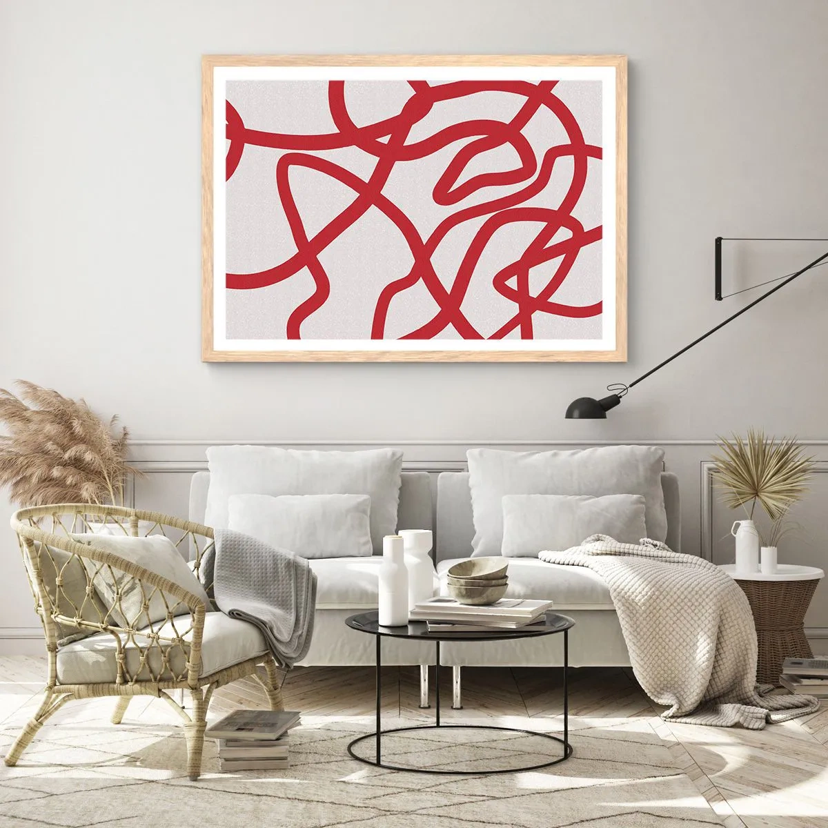 Poster in einem Rahmen aus heller Eiche - Rot auf Weiß - 50x40 cm