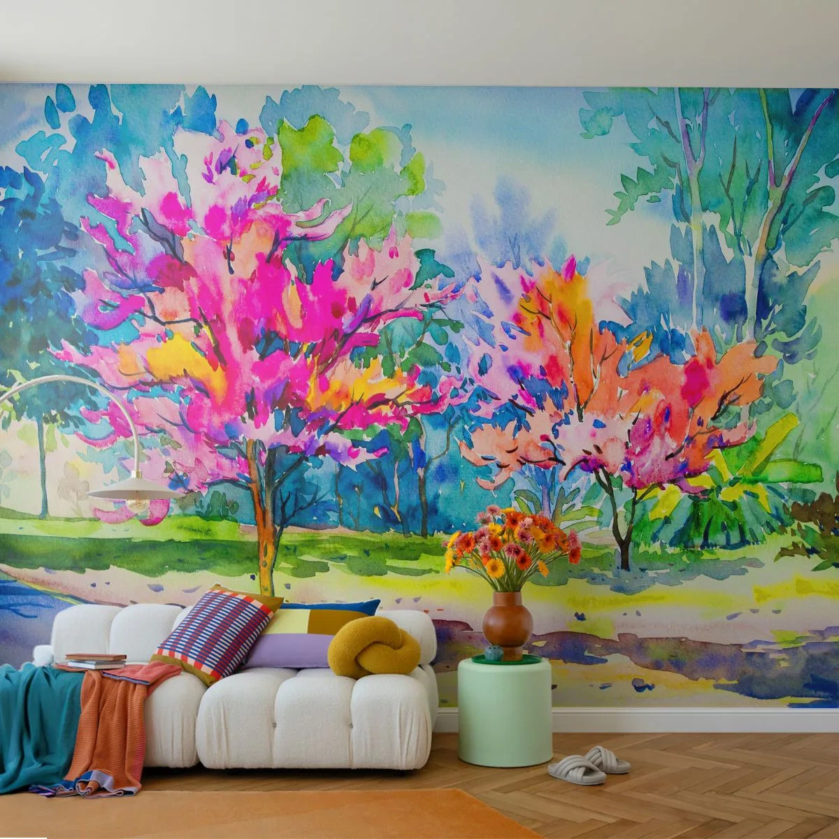 Fototapete Premium Sand - Regenbogengarten im Frühlingslicht - Park, Bäume, Natur - 100x70 cm