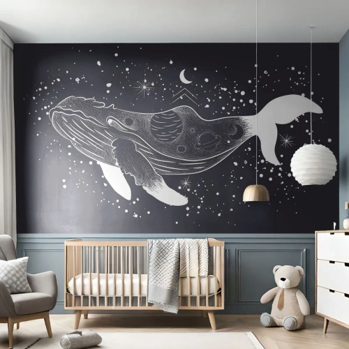Selbstklebende Fototapete Deluxe Sticker - Im Ozean des Universums - Abstraktion, Wal, Schwarz und weiß - 300x210 cm