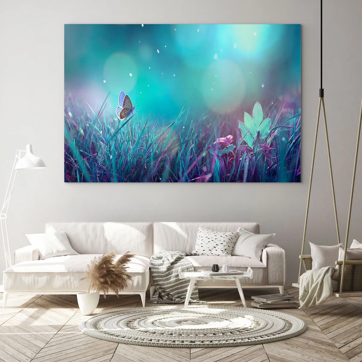 Glasbild - Bild auf glas - Schmetterling auf dem Gras in Pastelllicht - 70x50cm - Das geheime Leben der Wiese - Moderne Wanddekoration für Wohnzimmer und Schlafzimmer ARTTOR