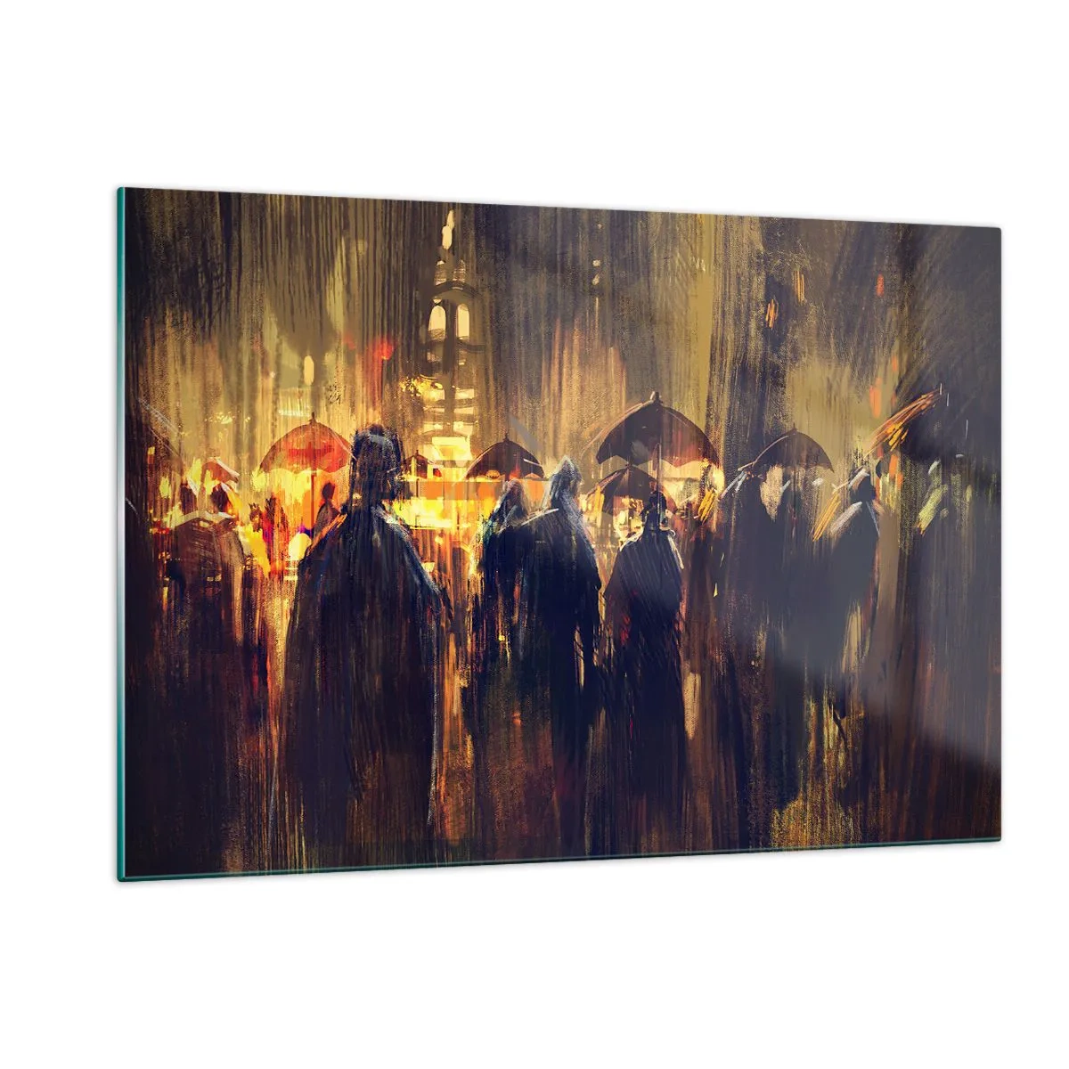 Glasbild - Bild auf glas - Eine Menschenmenge mit Regenschirmen im Regen vor der Kulisse der Lichter der Stadt - 120x80cm - Anhänger des Regens - Moderne Wanddekoration für Wohnzimmer und Schlafzimmer ARTTOR