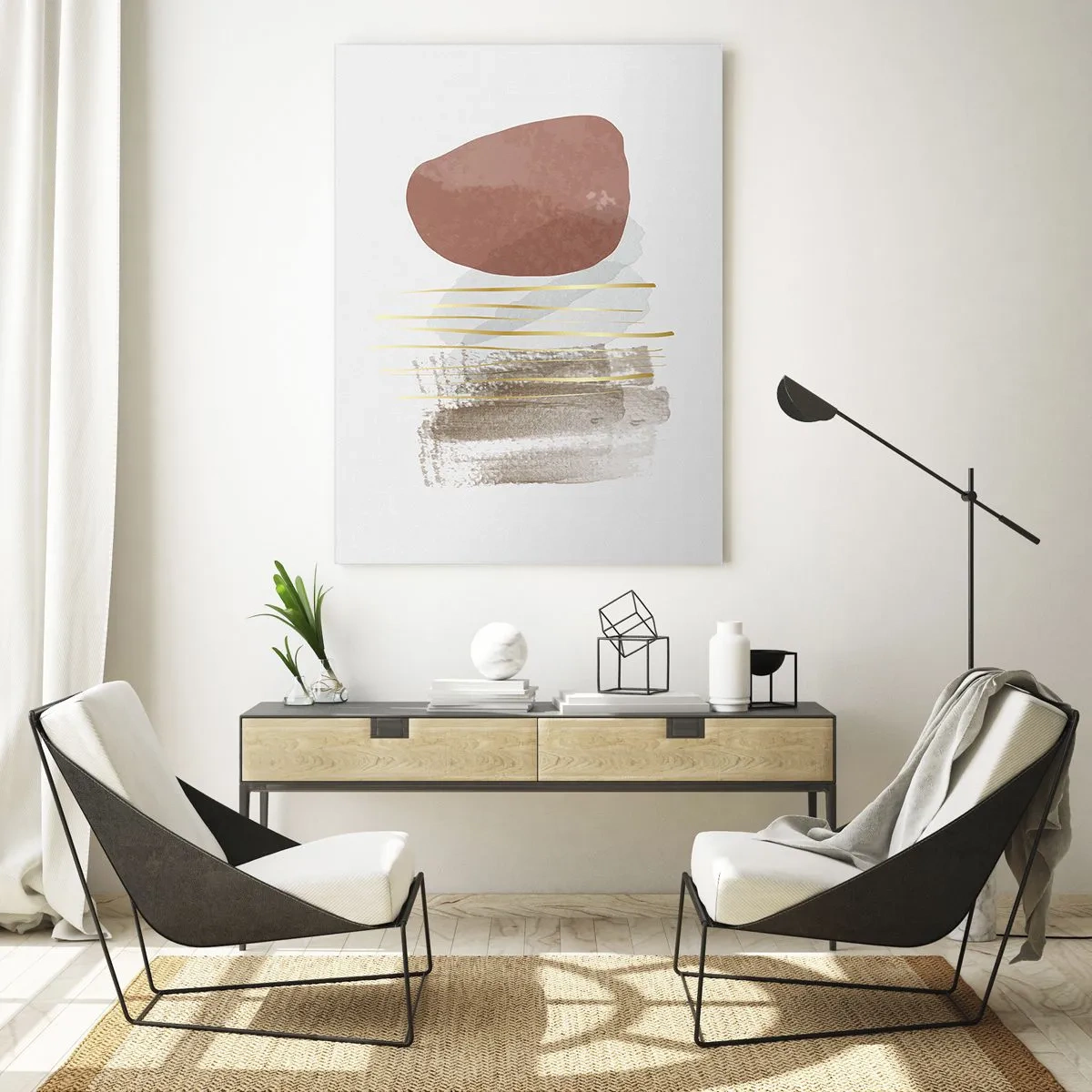 Glasbild - Bild auf glas - Abstrakte Komposition in Beige- und Goldtönen - 70x100cm - Abstrakte Kolonnade - Moderne Wanddekoration für Wohnzimmer und Schlafzimmer ARTTOR