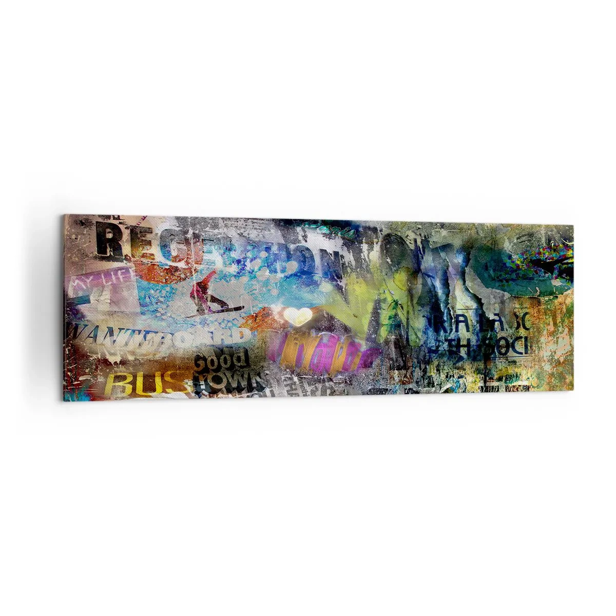 Bild auf Leinwand - Leinwandbild - Abstrakte Collage mit Text und verschiedenen Farben - 160x50cm - Collage aus Erinnerungen - Moderne Wanddekoration für Wohnzimmer und Schlafzimmer ARTTOR