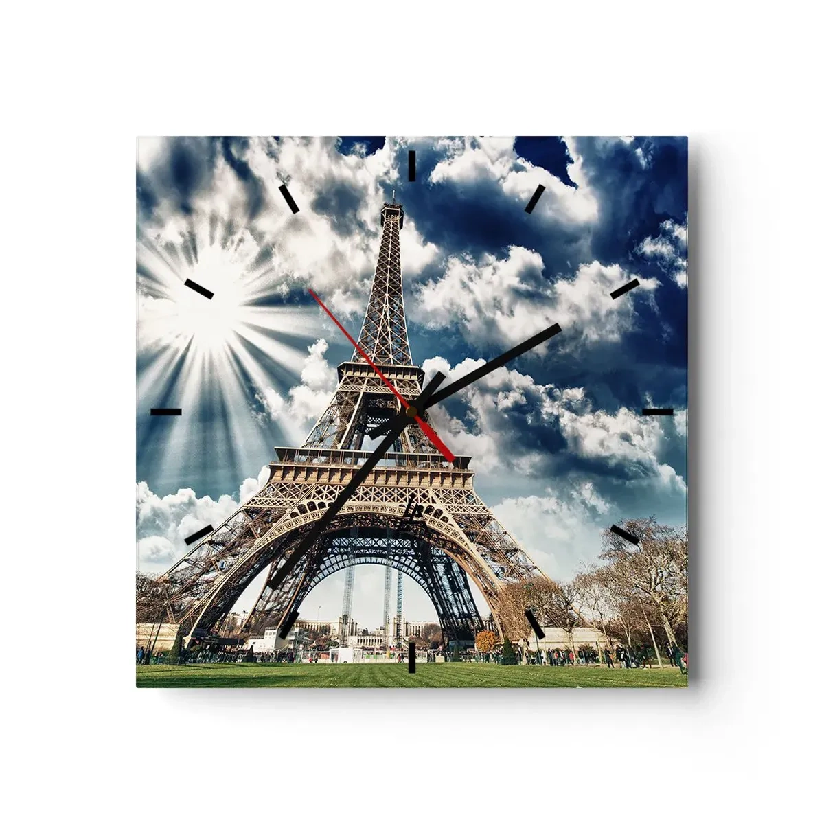 Wanduhr - Glasuhr - Der Eiffelturm vor einem sonnigen Himmel mit Wolken - 30x30cm - Die Einzige unter der Sonne - Moderne Wanddekoration für Wohnzimmer und Schlafzimmer ARTTOR