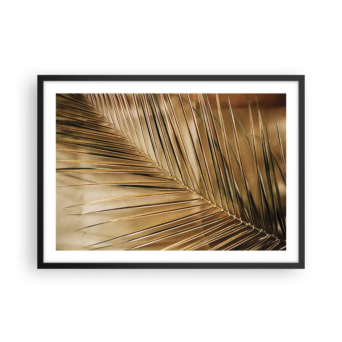 Poster in einem schwarzem Rahmen - Goldenes Palmblatt auf einem einfarbigen Hintergrund - 70x50cm - Natürliche Kolonnade - Moderne Wanddekoration für Wohnzimmer und Schlafzimmer ARTTOR