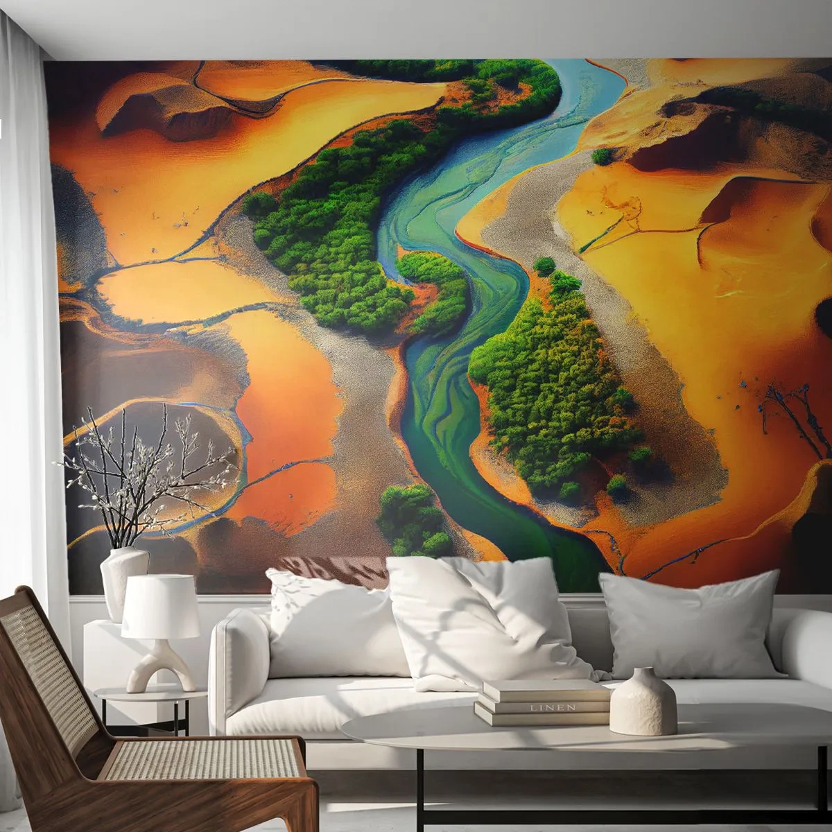 Fototapete Premium Sand - Ein grüner Fluss schlängelt sich durch eine orangefarbene Wüste - 100x70cm - Lebensspendender Fluss - Moderne Wanddekoration für Wohnzimmer und Schlafzimmer ARTTOR