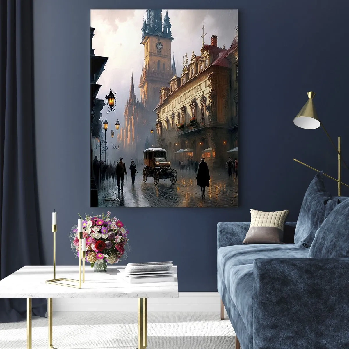 Glasbild - Bild auf glas - Abendliche Straßenszene mit historischer Architektur - 80x120cm - Charme eines Prager Abends - Moderne Wanddekoration für Wohnzimmer und Schlafzimmer ARTTOR