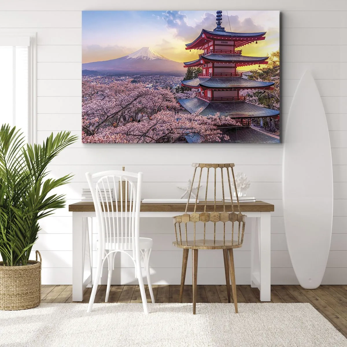 Bild auf Leinwand - Leinwandbild - Eine Pagode in Japan mit Kirschblüten und dem Berg Fuji - 100x70cm - Die Essenz des japanischen Geistes - Moderne Wanddekoration für Wohnzimmer und Schlafzimmer ARTTOR