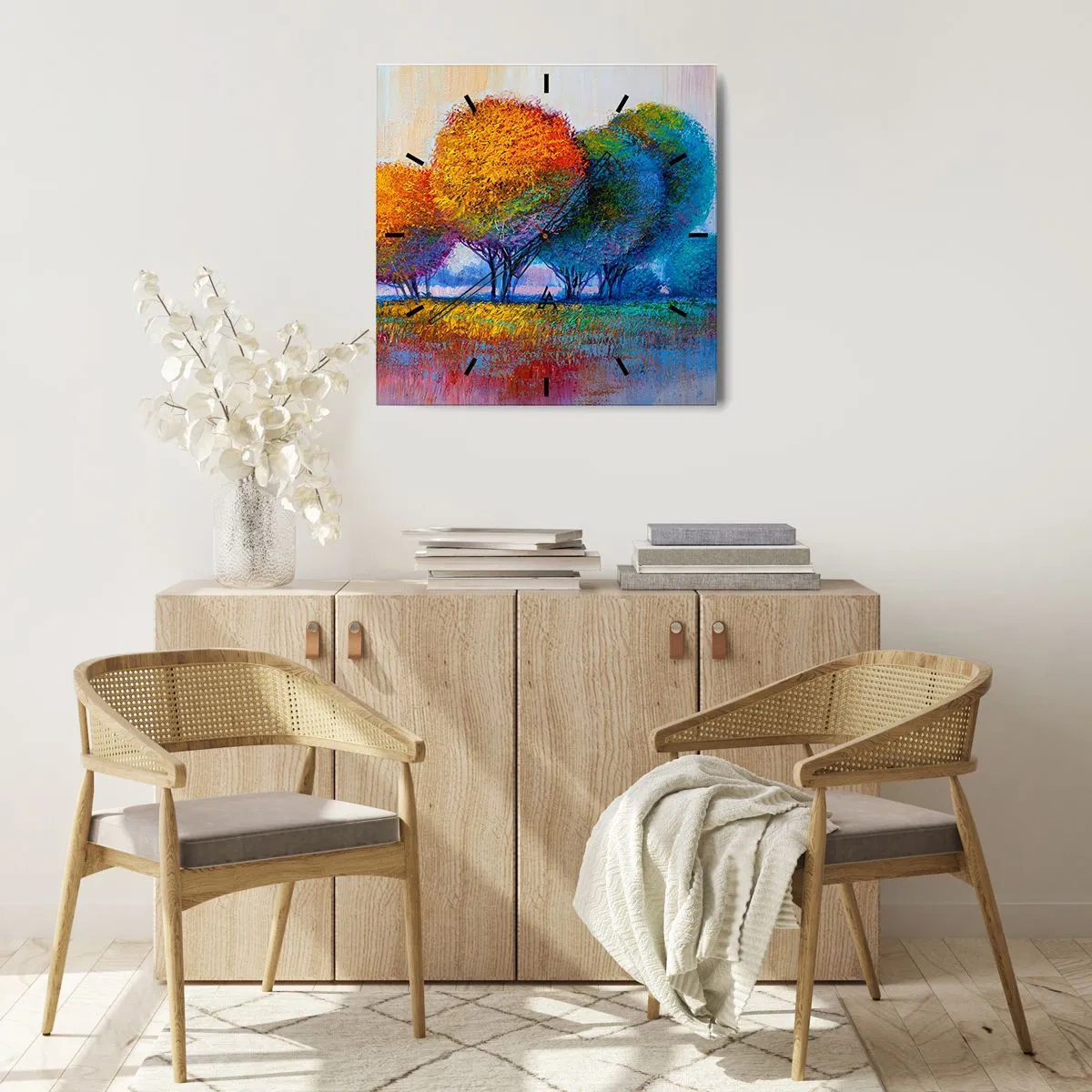 Wanduhr - Glasuhr - Bunte Bäume in einer impressionistischen Landschaft - 30x30cm - Ein Haufen leuchtender Farben - Moderne Wanddekoration für Wohnzimmer und Schlafzimmer ARTTOR