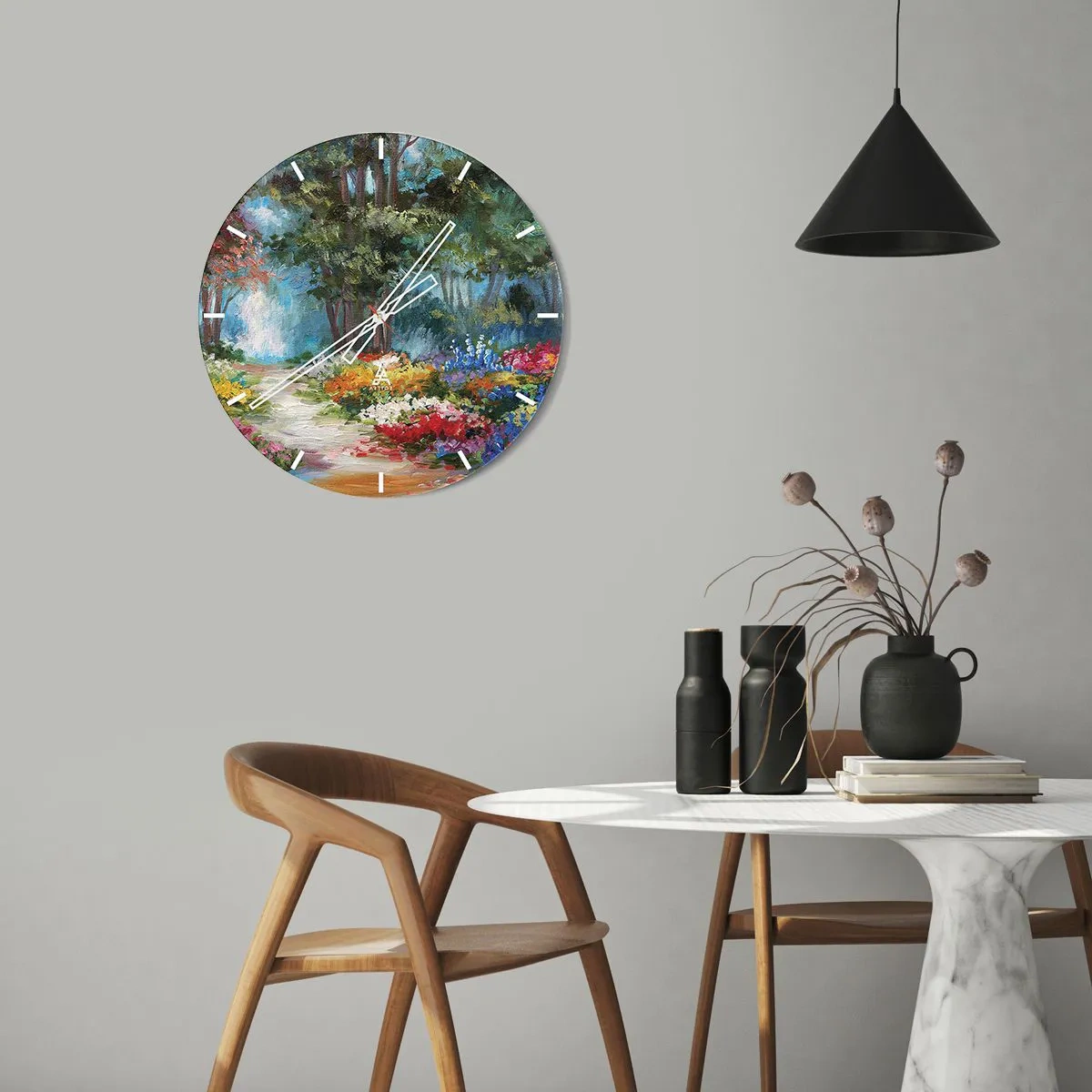 Wanduhr - Glasuhr - Ein farbenfroher Garten mit Blumen und Bäumen im Hintergrund - 30x30cm - Waldgarten, Blumenwald - Moderne Wanddekoration für Wohnzimmer, Küche und Schlafzimmer ARTTOR