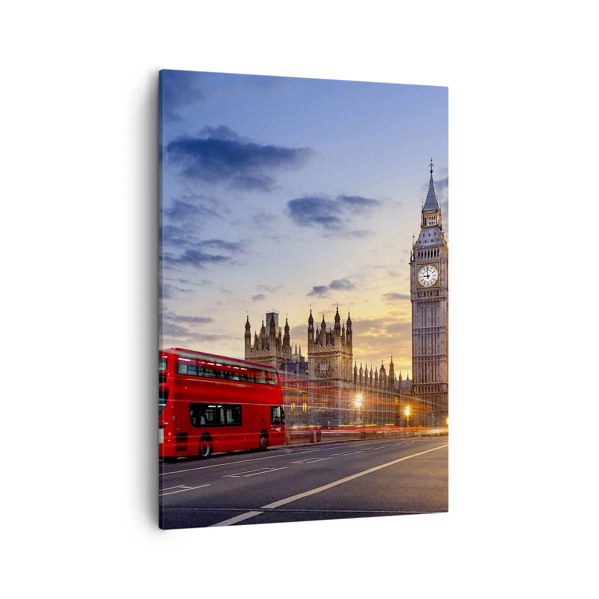 Bild auf Leinwand - Leinwandbild - Ein roter Bus mit Big Ben und den Houses of Parliament im Hintergrund in der Abenddämmerung. - 50x70cm - Spezielle Charaktere - Moderne Wanddekoration für Wohnzimmer und Schlafzimmer ARTTOR