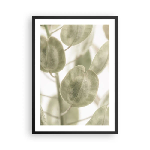 Poster in einem schwarzem Rahmen - Nahaufnahme von grünen Blättern im natürlichen Licht - 50x70cm - Am Anfang waren Blätter... - Moderne Wanddekoration für Wohnzimmer und Schlafzimmer ARTTOR