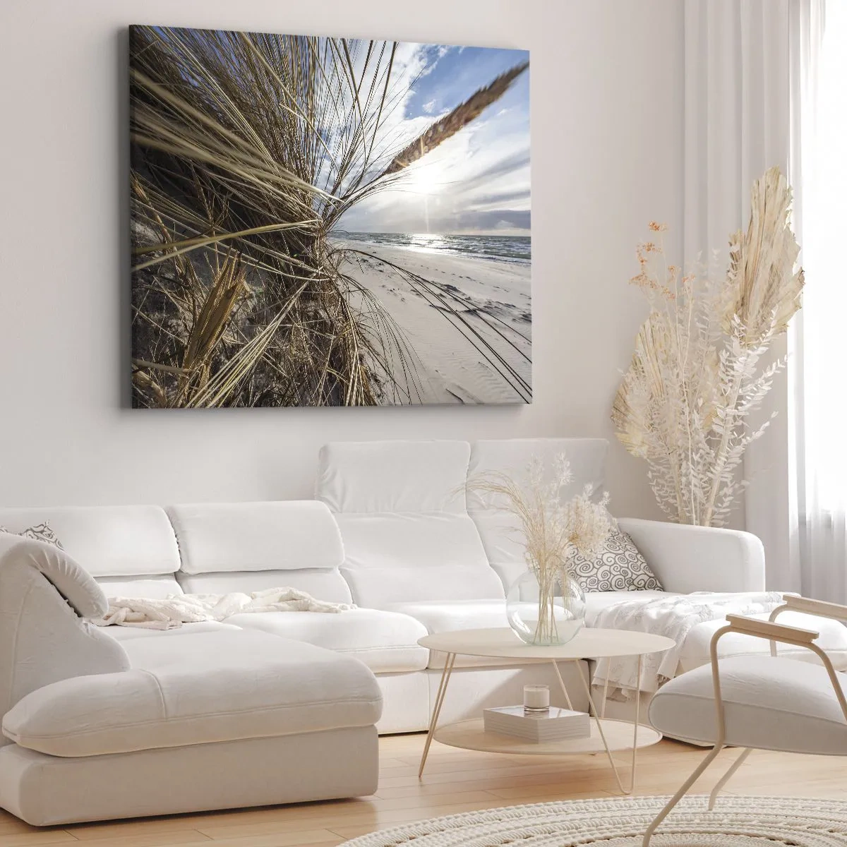 Bild auf Leinwand - Leinwandbild - Ein Strand mit trockenem Gras auf den Dünen und Blick auf das Meer - 120x80cm - Ein Treffen der Elemente der Natur - Moderne Wanddekoration für Wohnzimmer und Schlafzimmer ARTTOR