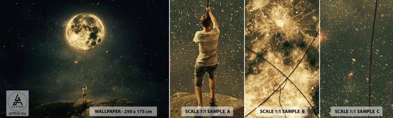 Fototapetenmuster Standard Eco - Der Mann, der den Mond gestohlen hat - Mond, Sterne, Vorstellung - 100x30 cm