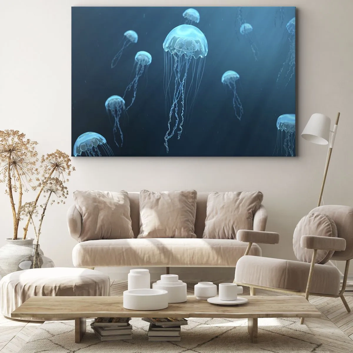 Bild auf Leinwand - Leinwandbild - Quallen schwimmen in den Tiefen des Ozeans in Blautönen - 100x70cm - Ozeantanz - Moderne Wanddekoration für Wohnzimmer und Schlafzimmer ARTTOR