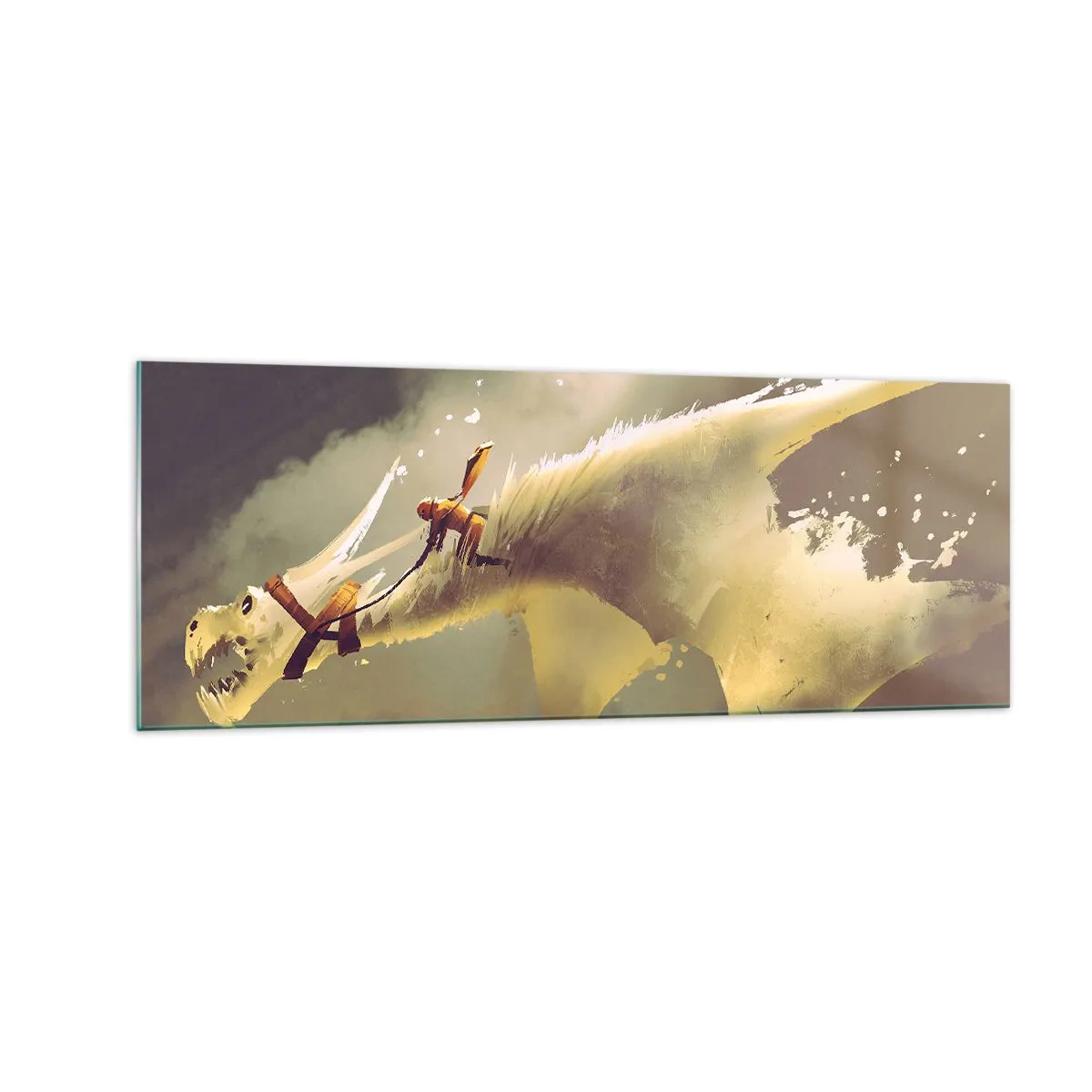 Glasbild - Bild auf glas - Illustration eines Drachenreiters in einer Fantasy-Wolkenlandschaft - 140x50cm - Die Welt zur Rettung - Moderne Wanddekoration für Wohnzimmer und Schlafzimmer ARTTOR