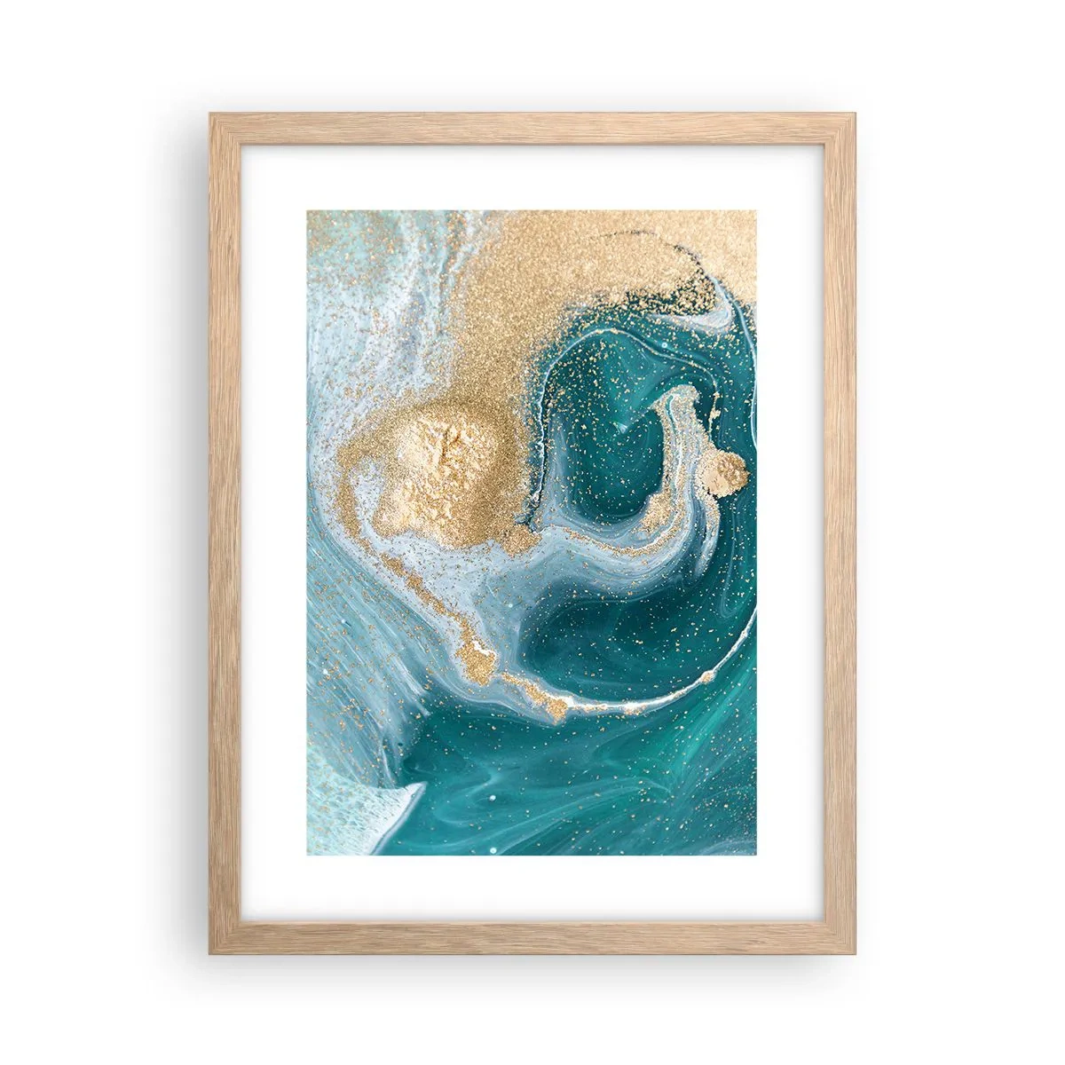 Poster in einem Rahmen aus heller Eiche - Ein Strudel aus Gold und Türkis - 30x40 cm