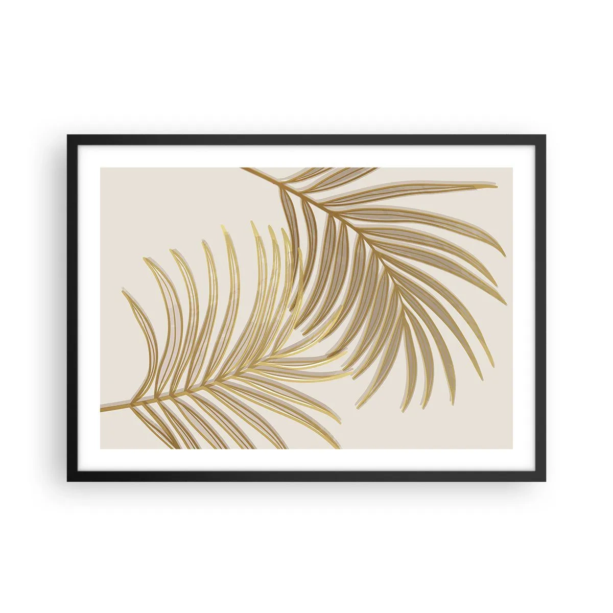 Poster in einem schwarzem Rahmen - Goldene Palmblätter auf hellem Hintergrund im minimalistischen Stil - 70x50cm - Goldene Palme! - Moderne Wanddekoration für Wohnzimmer und Schlafzimmer ARTTOR