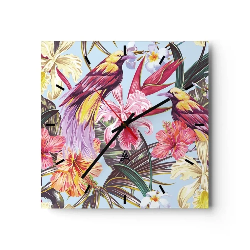 Wanduhr - Glasuhr - Exotische Vögel zwischen tropischen Blumen - 30x30cm - Blütenblätter und Federn - Moderne Wanddekoration für Wohnzimmer und Schlafzimmer ARTTOR