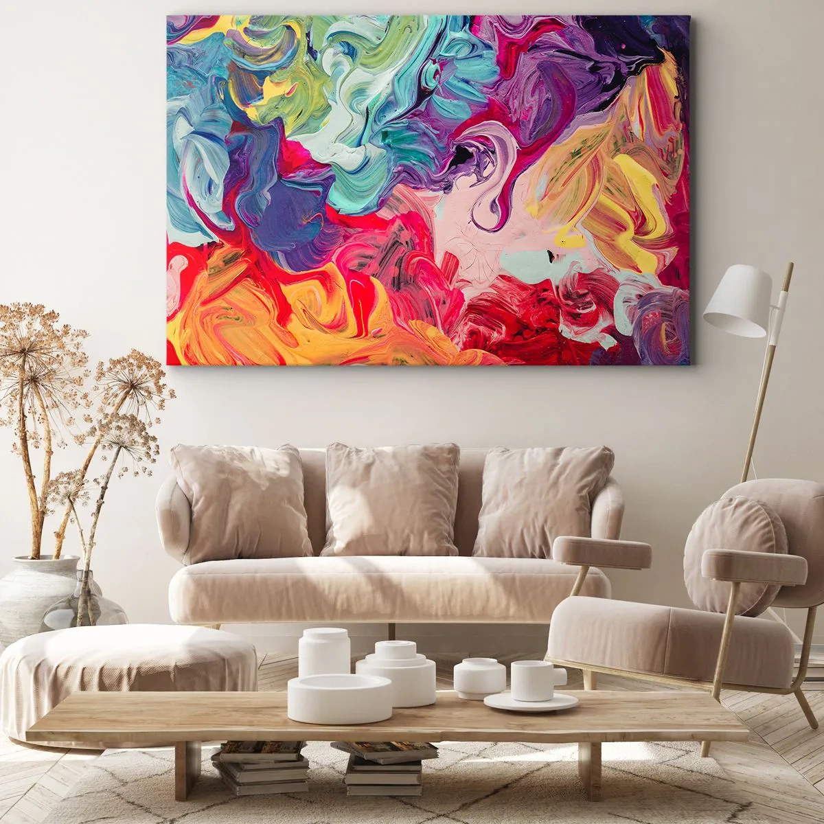 Bild auf Leinwand - Leinwandbild - Eine abstrakte Komposition mit lebendigen, wirbelnden Farben und einer dynamischen Struktur. - 120x80cm - Die Geburt der Farben - Moderne Wanddekoration für Wohnzimmer und Schlafzimmer ARTTOR