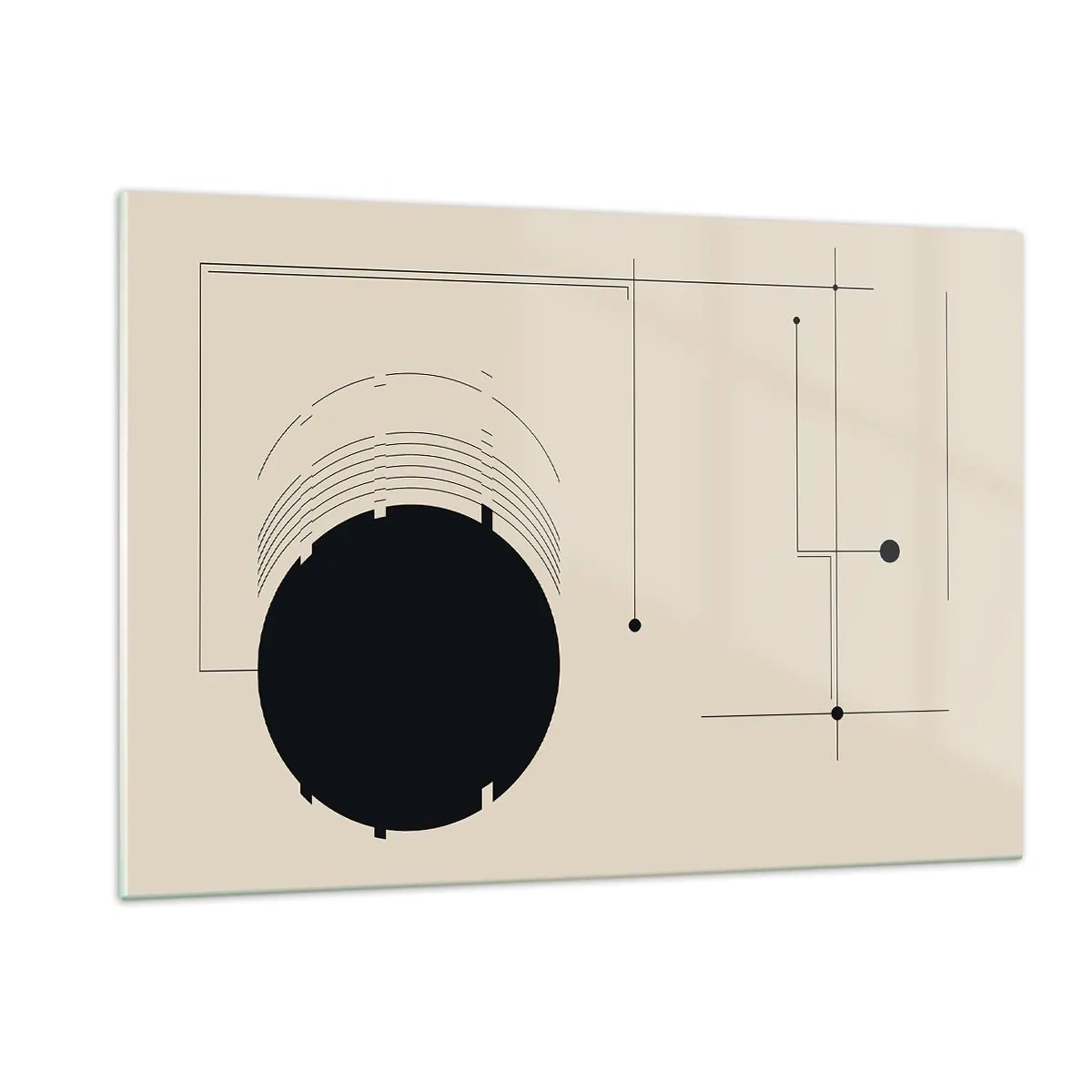 Glasbild - Bild auf glas - Abstrakte Komposition mit schwarzem Kreis und geometrischen Linien - 120x80cm - Flexible und dynamische Komposition - Moderne Wanddekoration für Wohnzimmer und Schlafzimmer ARTTOR