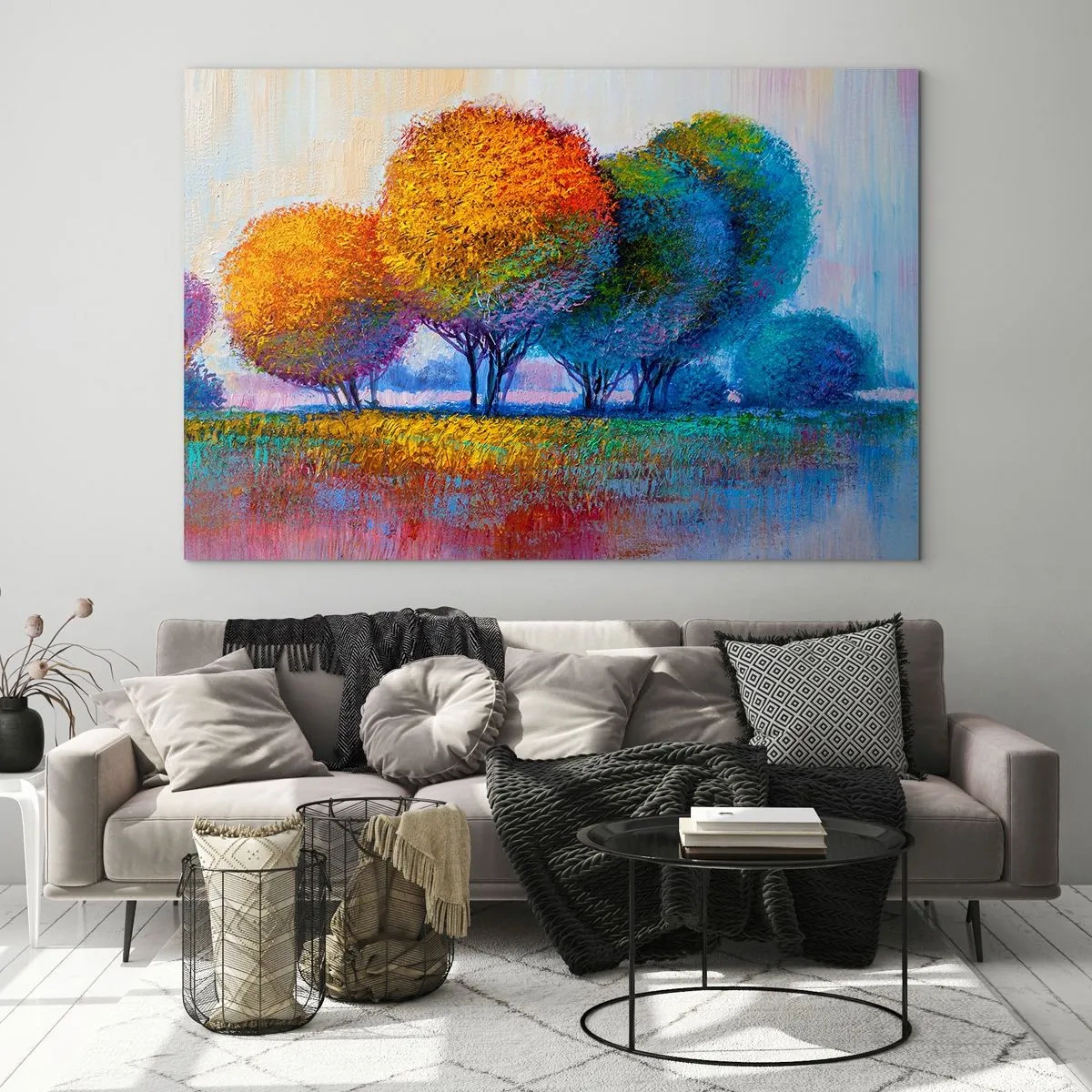 Glasbild - Bild auf glas - Bunte Bäume in Herbstfarben vor blauem Himmel - 70x50cm - Ein Haufen leuchtender Farben - Moderne Wanddekoration für Wohnzimmer und Schlafzimmer ARTTOR