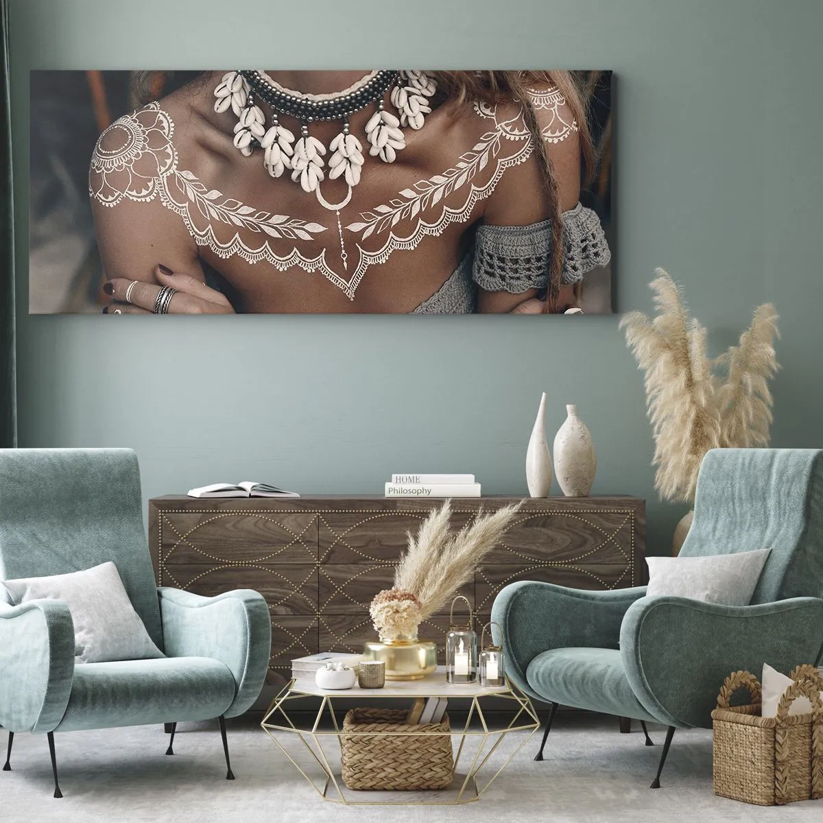 Bild auf Leinwand - Leinwandbild - Boho-Style mit Muschelschmuck und Lochmuster - 160x50cm - Talismane, Rituale der Weiblichkeit - Moderne Wanddekoration für Wohnzimmer und Schlafzimmer ARTTOR