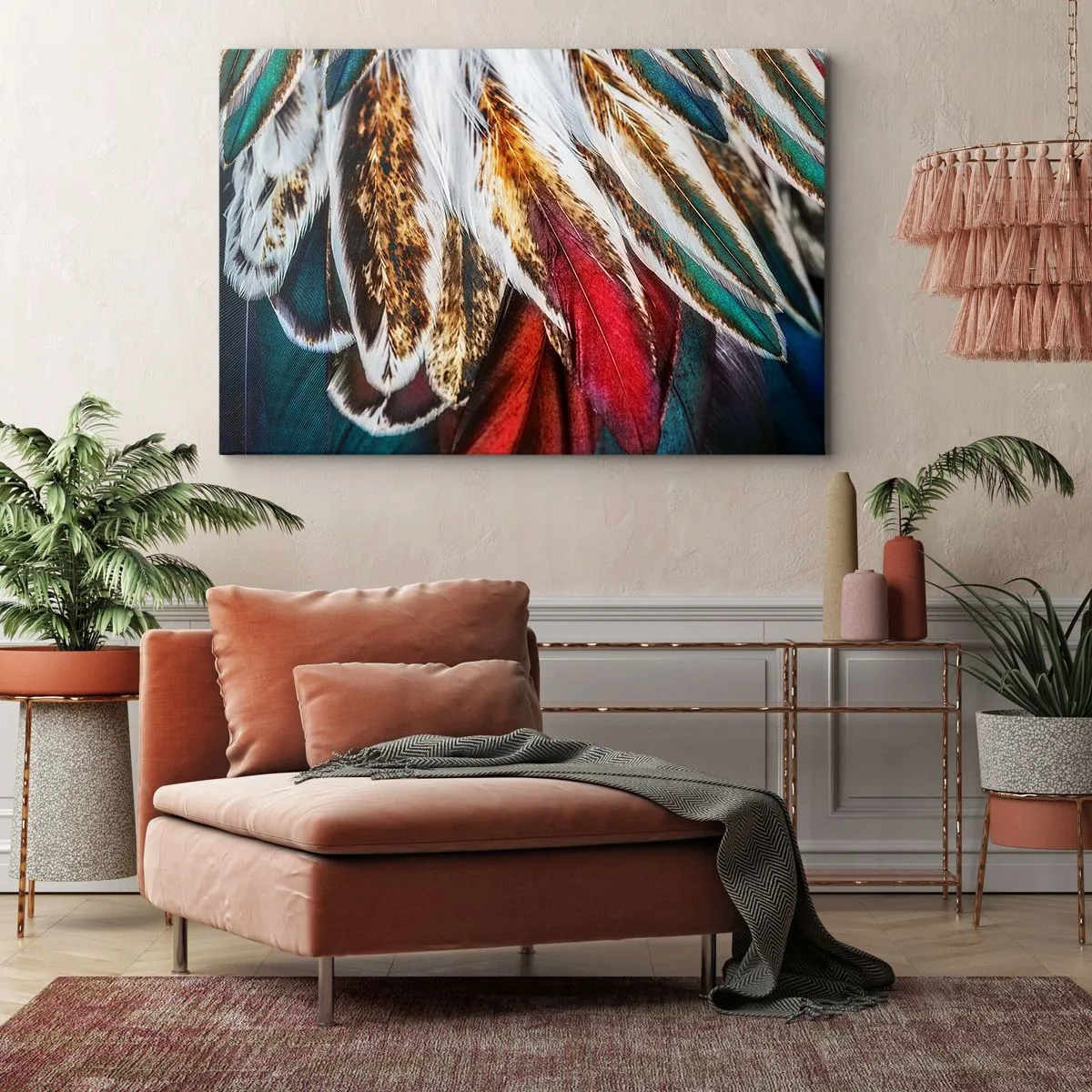 Bild auf Leinwand - Leinwandbild - Nahaufnahme von mehrfarbigen Federn in leuchtenden, intensiven Farben - 70x50cm - Geheimnisse des Fliegens - Moderne Wanddekoration für Wohnzimmer und Schlafzimmer ARTTOR