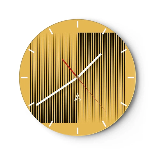 Wanduhr - Glasuhr - Gelber Hintergrund mit schwarzen vertikalen Linien, die einen geometrischen Effekt erzeugen - 30x30cm - Quadratur der Gegensätze - Moderne Wanddekoration für Wohnzimmer, Küche und Schlafzimmer ARTTOR