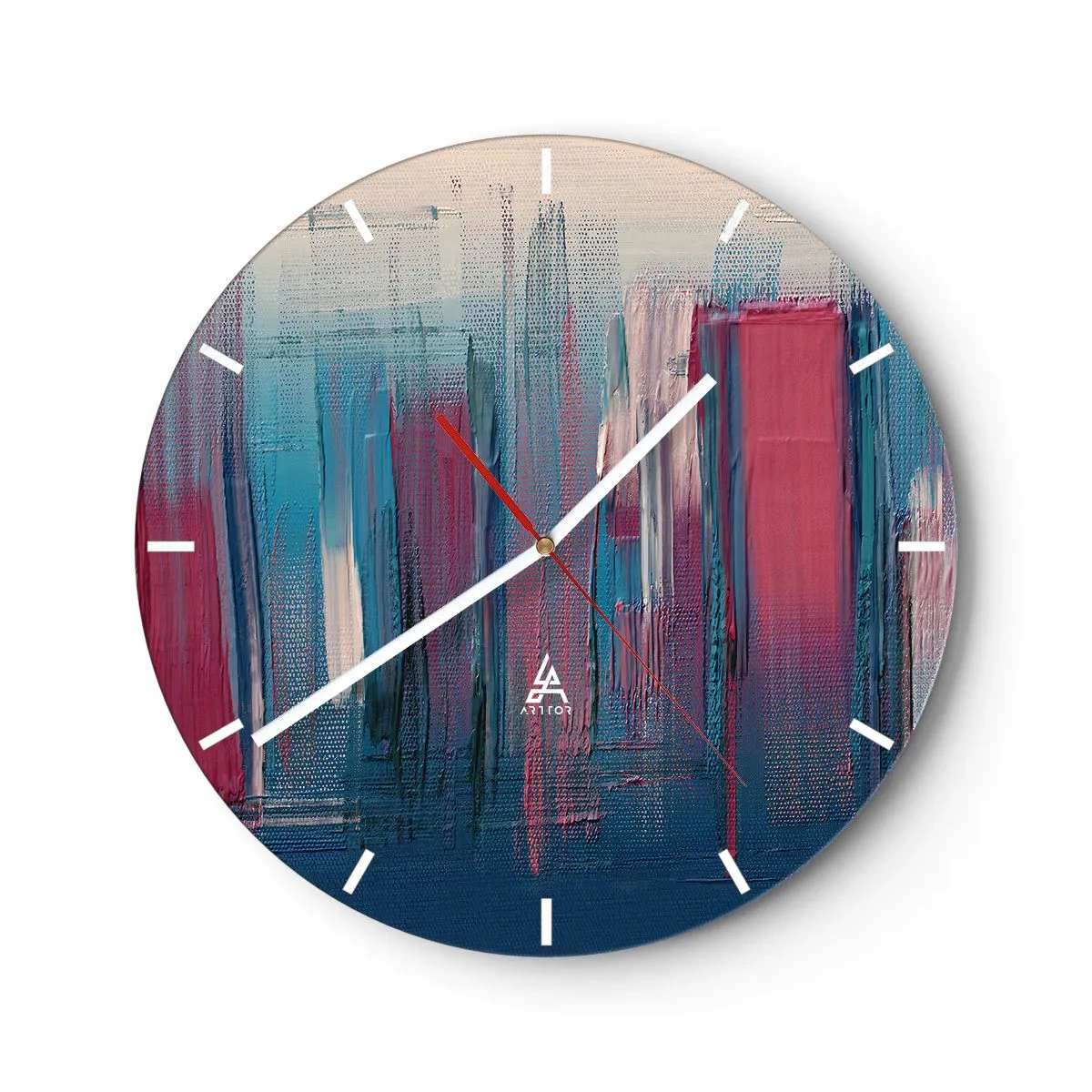 Wanduhr - Glasuhr - Vertikale Streifen in Blau und Rot im künstlerischen Stil - 30x30cm - Vertikale Komposition in Blau und Rot - Moderne Wanddekoration für Wohnzimmer, Küche und Schlafzimmer ARTTOR