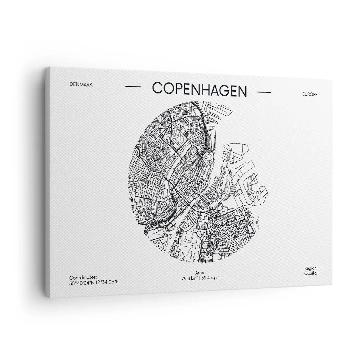 Bild auf Leinwand - Leinwandbild - Eine Karte von Kopenhagen im minimalistischen Schwarz-Weiß-Stil. - 70x50cm - Anatomie von Kopenhagen - Moderne Wanddekoration für Wohnzimmer und Schlafzimmer ARTTOR