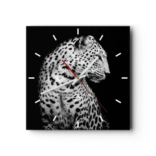 Wanduhr - Glasuhr - Schwarz-Weiß-Bild eines Leoparden auf schwarzem Hintergrund - 30x30cm - Rechtes Profil perfekt! - Moderne Wanddekoration für Wohnzimmer und Schlafzimmer ARTTOR