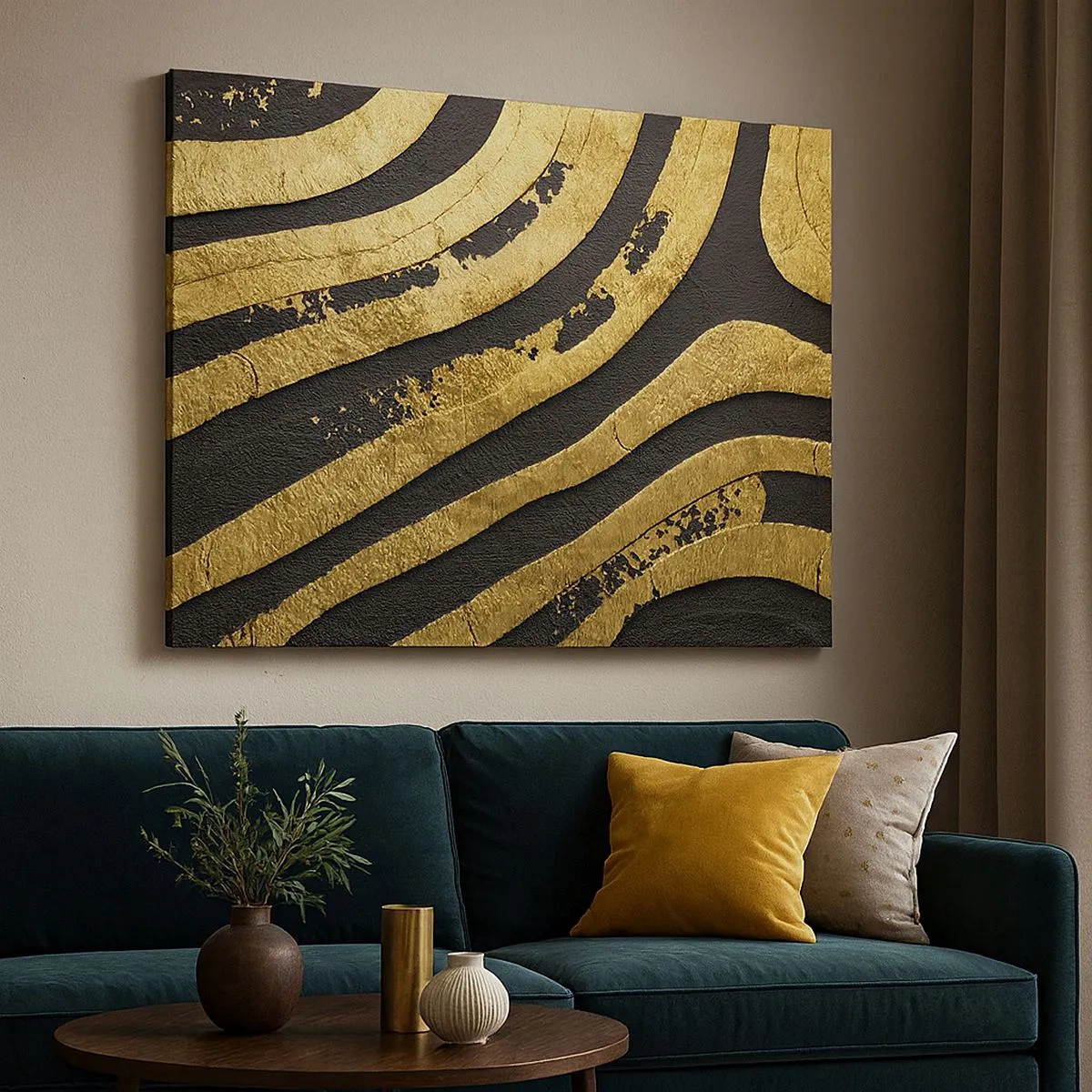 Bild auf Leinwand - Leinwandbild - Goldene abstrakte Wellen auf schwarzem Hintergrund - 70x50cm - Alles fließt - Moderne Wanddekoration für Wohnzimmer und Schlafzimmer ARTTOR