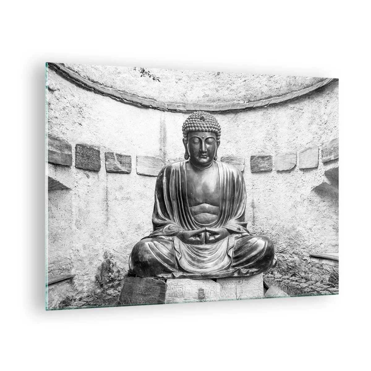 Glasbild - Bild auf glas - Schwarz-weiße Buddha-Statue in meditativer Pose - 70x50cm - An der Quelle des Friedens - Moderne Wanddekoration für Wohnzimmer und Schlafzimmer ARTTOR
