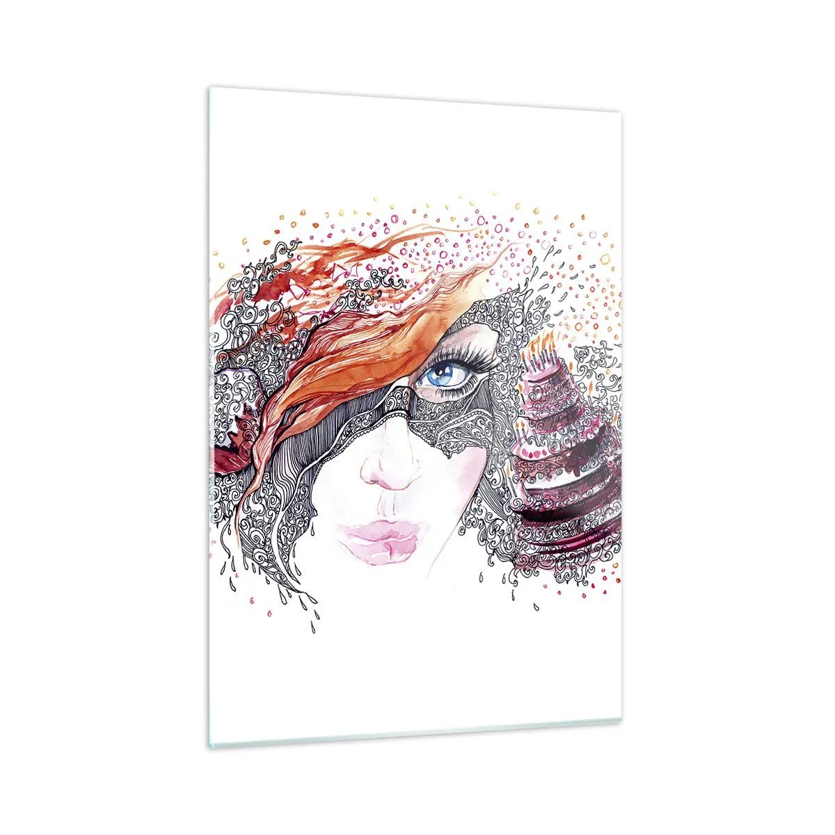 Glasbild - Bild auf glas - Frauenportrait mit dynamischen Mustern und roten Akzenten - 50x70cm - Bei ihr ist jeden Tag Feiertag - Moderne Wanddekoration für Wohnzimmer und Schlafzimmer ARTTOR