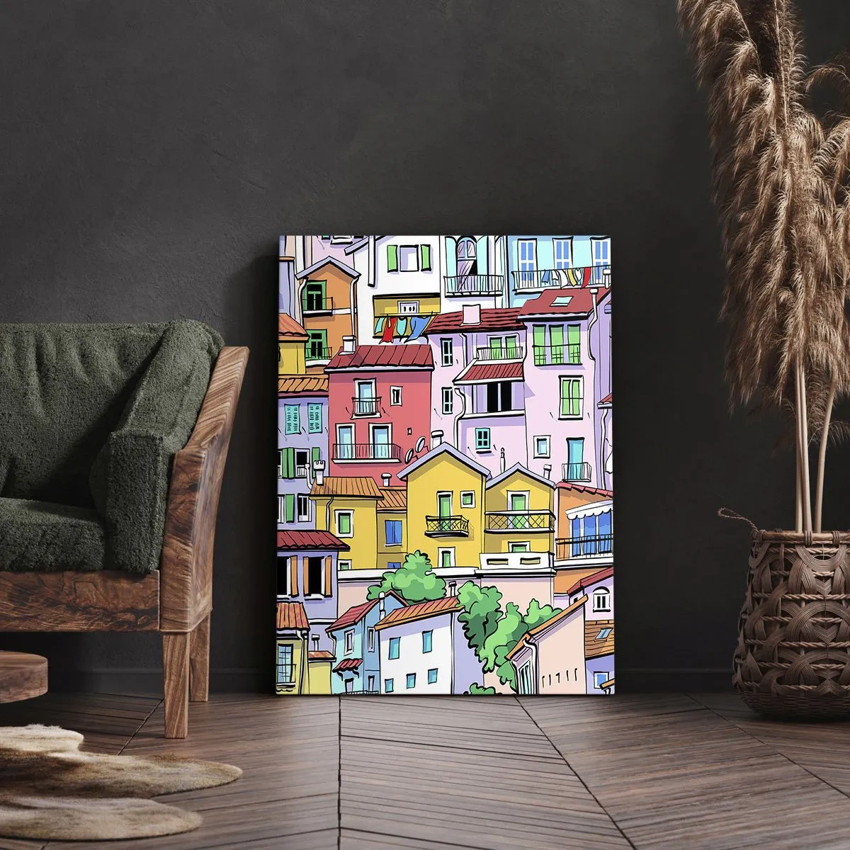 Bild auf Leinwand - Leinwandbild - Bunte Mietshäuser im lebendigen, fröhlichen Stil - 50x70cm - Lustige Stadt - Moderne Wanddekoration für Wohnzimmer und Schlafzimmer ARTTOR