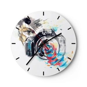 Wanduhr - Glasuhr - Künstlerisches Kameramotiv mit farbenfrohem visuellen Effekt - 30x30cm - Im Auge der Linse - Moderne Wanddekoration für Wohnzimmer, Küche und Schlafzimmer ARTTOR