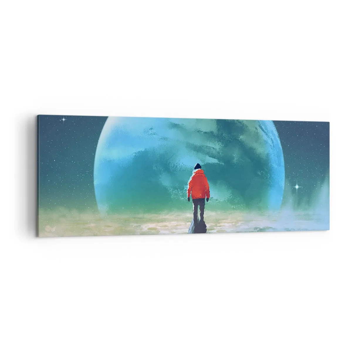Bild auf Leinwand - Leinwandbild - Ein Mann in einer roten Jacke steht vor einem großen Planeten mit Sternen im Hintergrund. - 140x50cm - Entdecker des neuen Landes - Moderne Wanddekoration für Wohnzimmer und Schlafzimmer ARTTOR