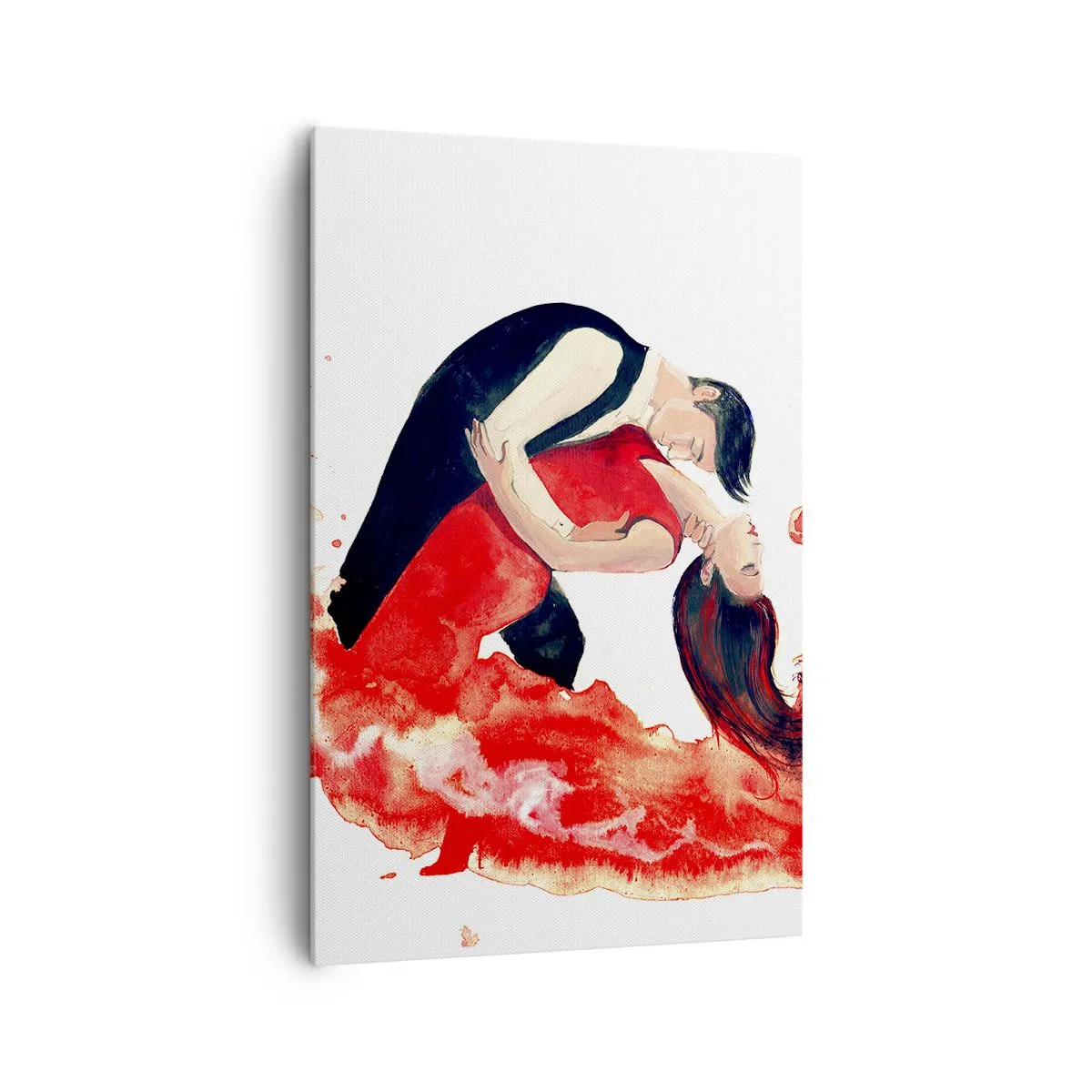 Bild auf Leinwand - Leinwandbild - Ein dynamisches Aquarellgemälde eines tanzenden Paares in roten Farben. - 80x120cm - Tango - eine sinnliche Welle - Moderne Wanddekoration für Wohnzimmer und Schlafzimmer ARTTOR