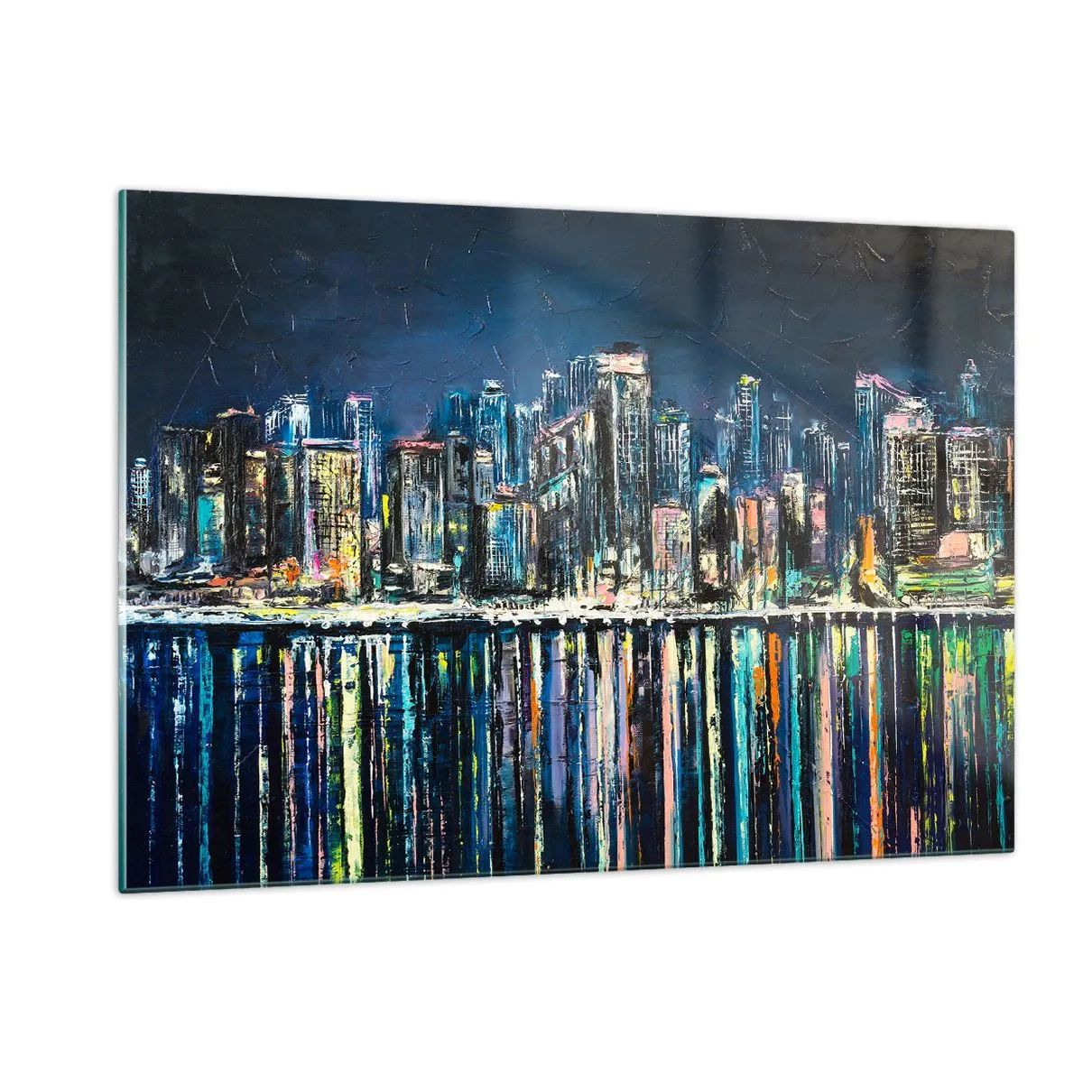 Glasbild - Bild auf glas - Panorama der Stadt bei Nacht mit den im Wasser reflektierten Lichtern - 120x80cm - Kaskade von Lichtern - Moderne Wanddekoration für Wohnzimmer und Schlafzimmer ARTTOR